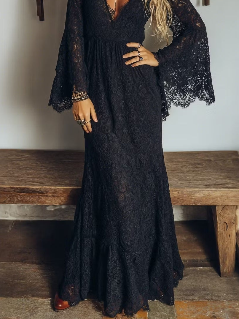 Black Sheer Lace V-neck Flared Long-sleeved Ruffle Maxi Dress
