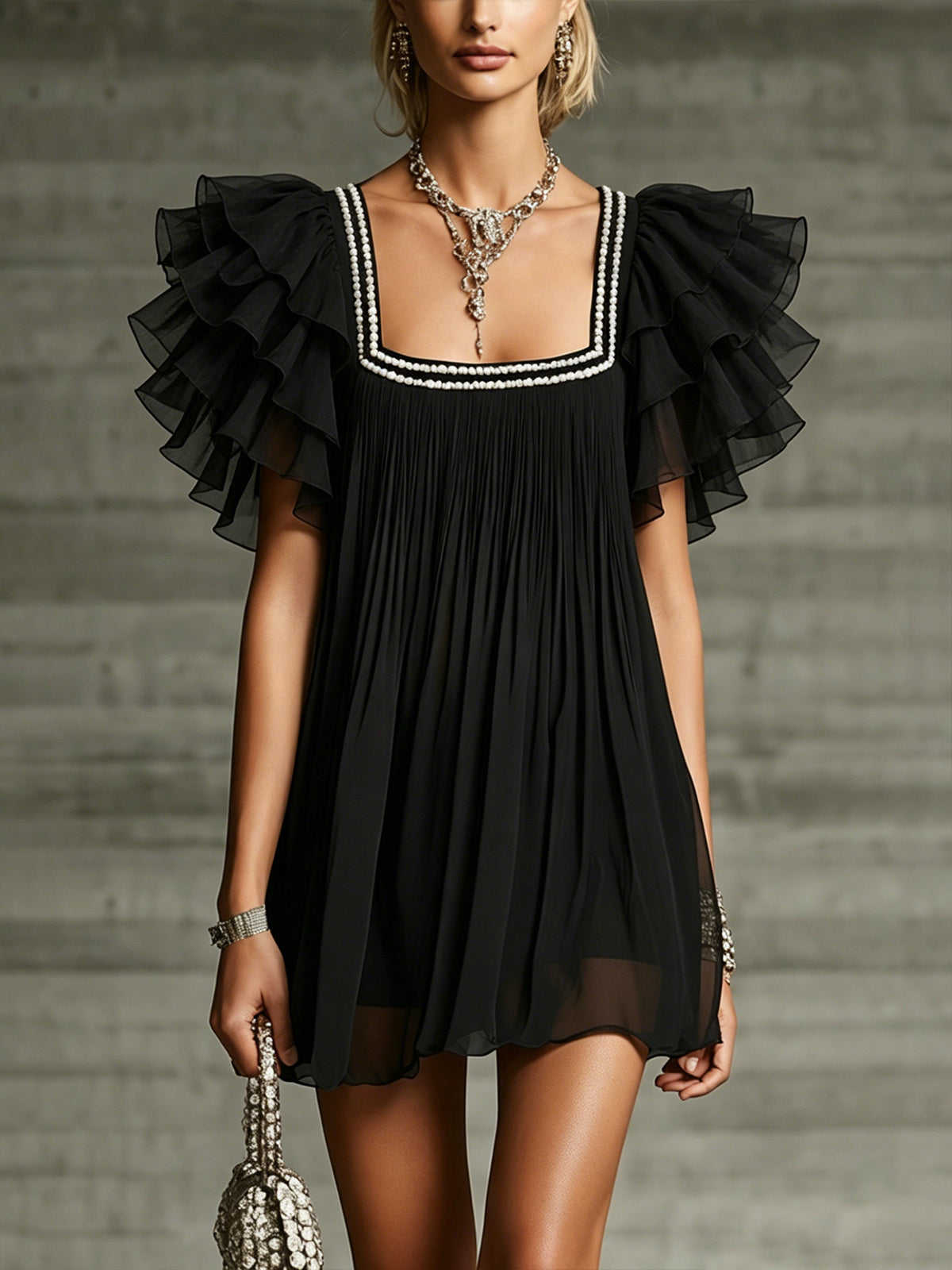 Black Pearl-trimmed Square Neck ruffle Chiffon Mini Dress