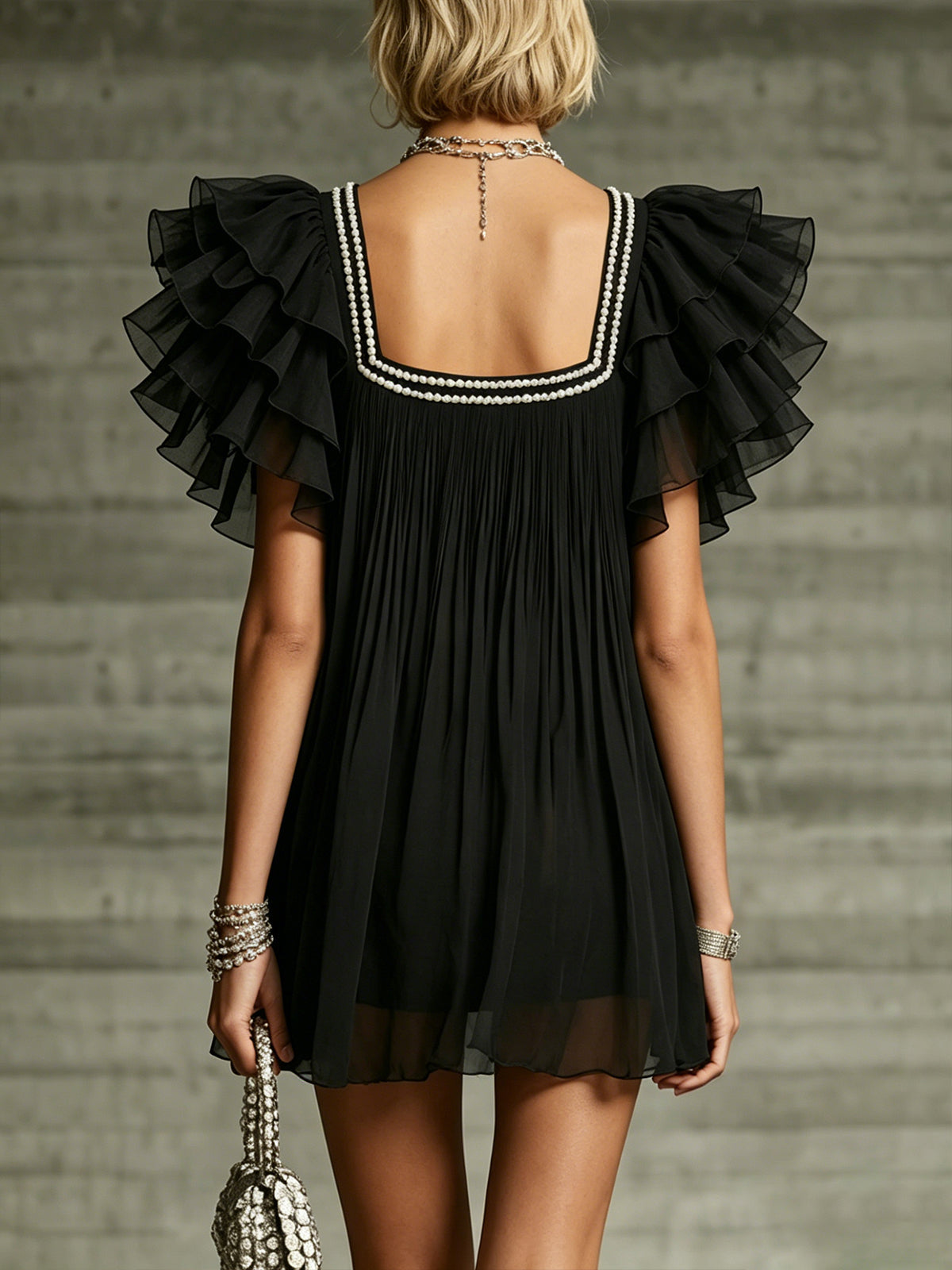 Black Pearl-trimmed Square Neck ruffle Chiffon Mini Dress