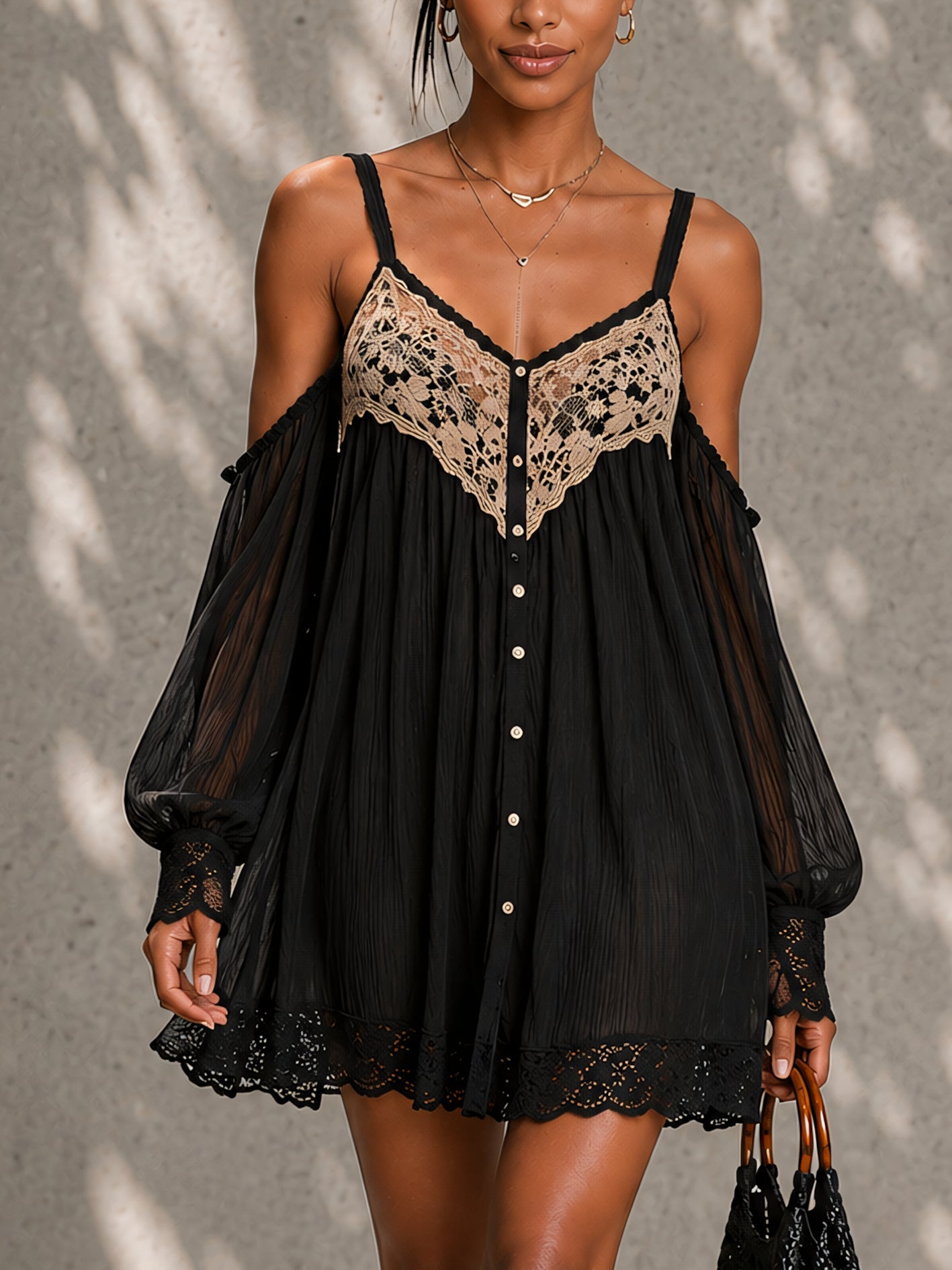 Black Lace-trimmed Off-shoulder Chiffon Mini Dress