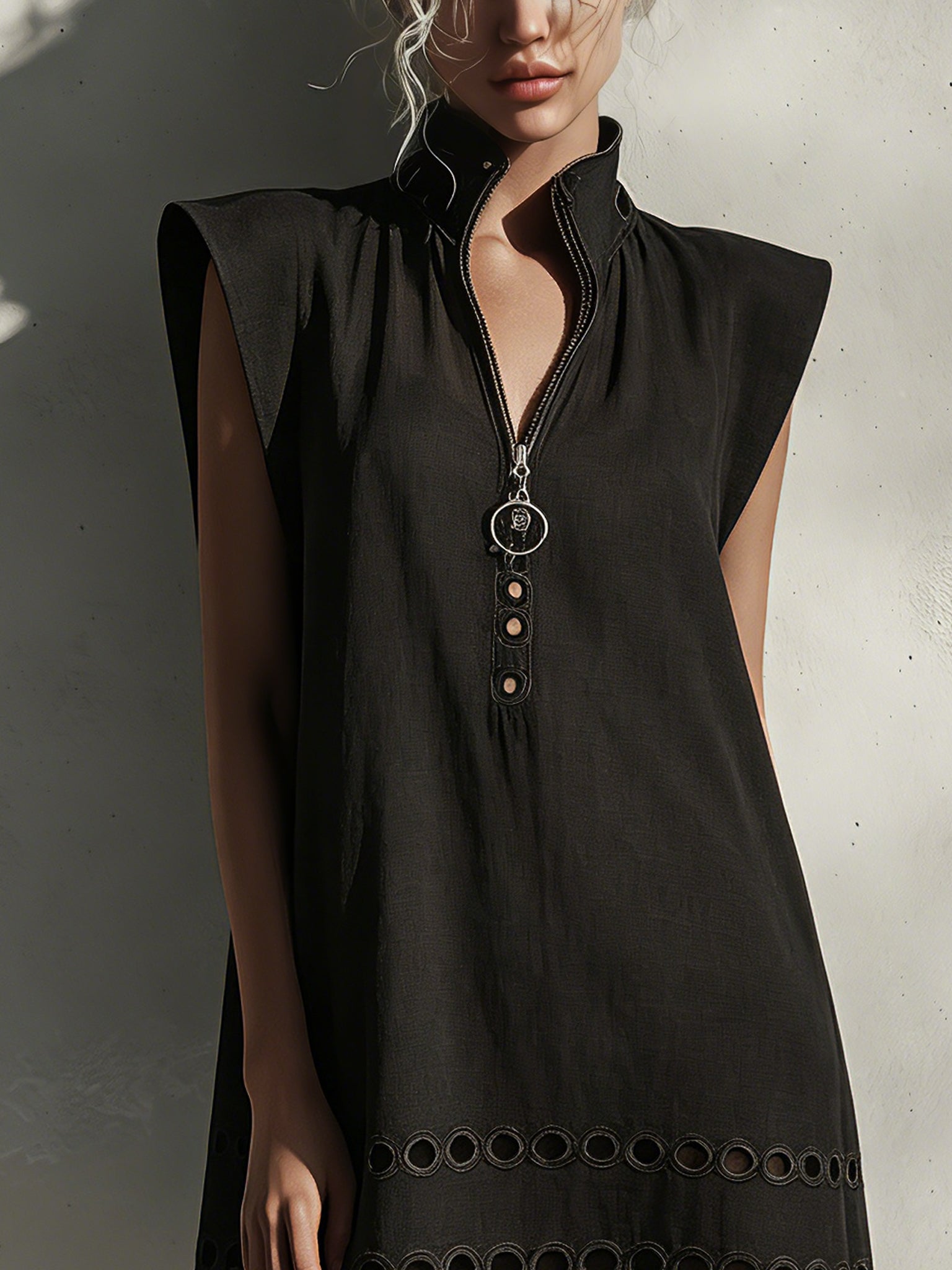 Black Sleeveless Zippered Cutout Mini Dress
