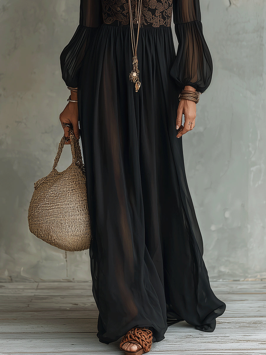 Black Lace Sheer Lantern Sleeve Chiffon Maxi Dress