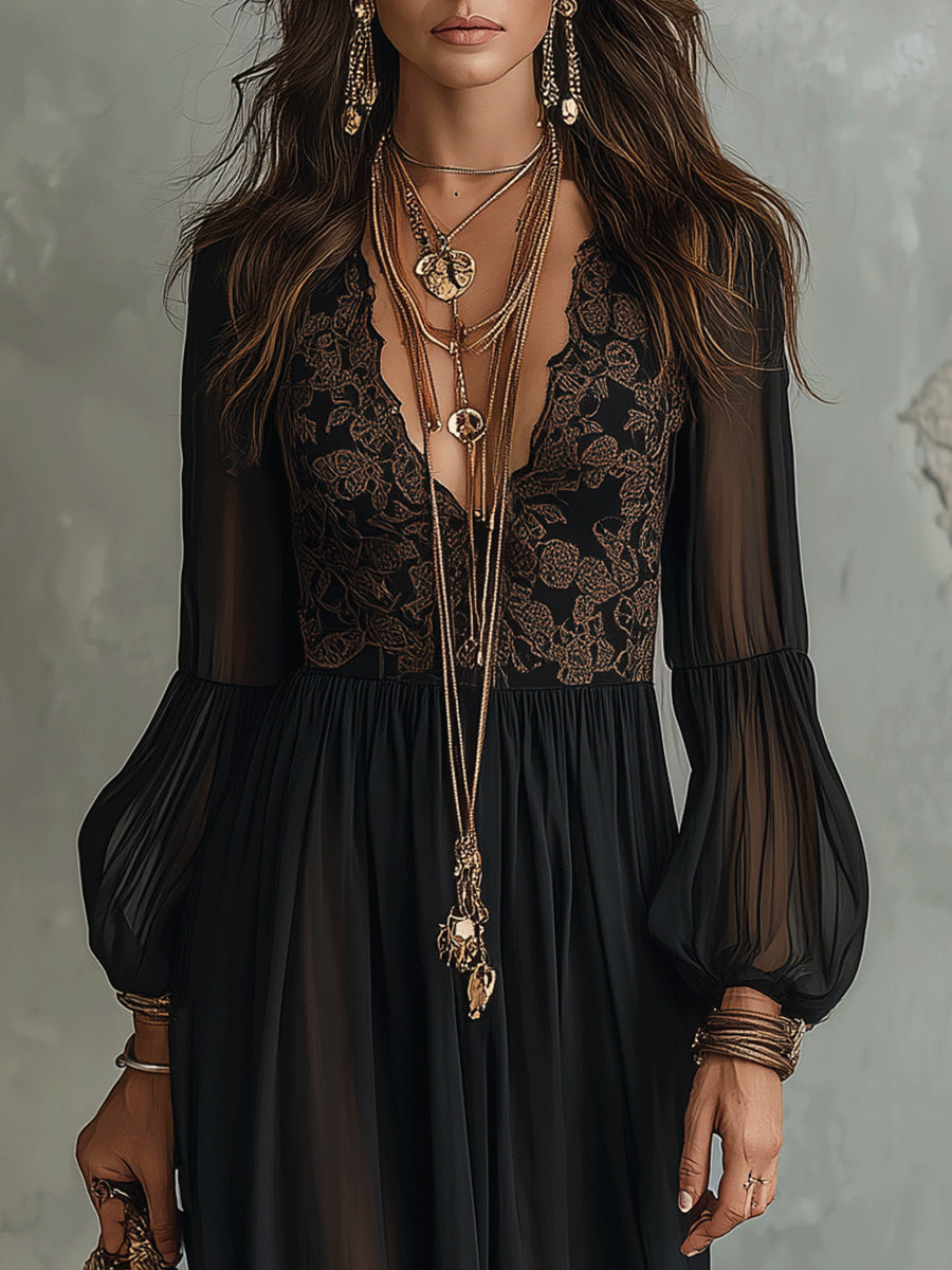 Black Lace Sheer Lantern Sleeve Chiffon Maxi Dress