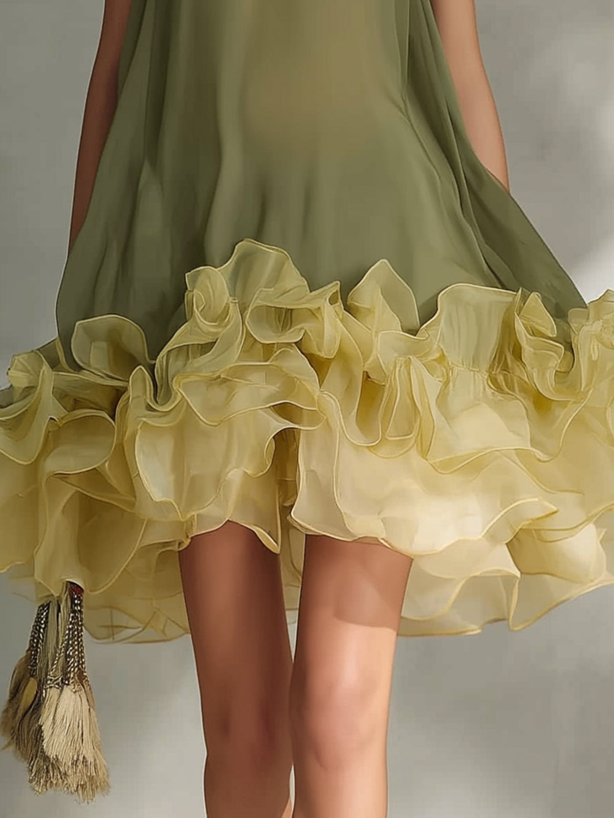 Olive Green Layered Ruffled Chiffon Mini Dress