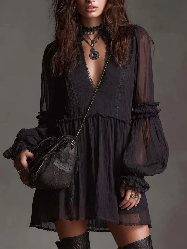 Black Chiffon Lantern Sleeve Ruffled Lace Mini Dress