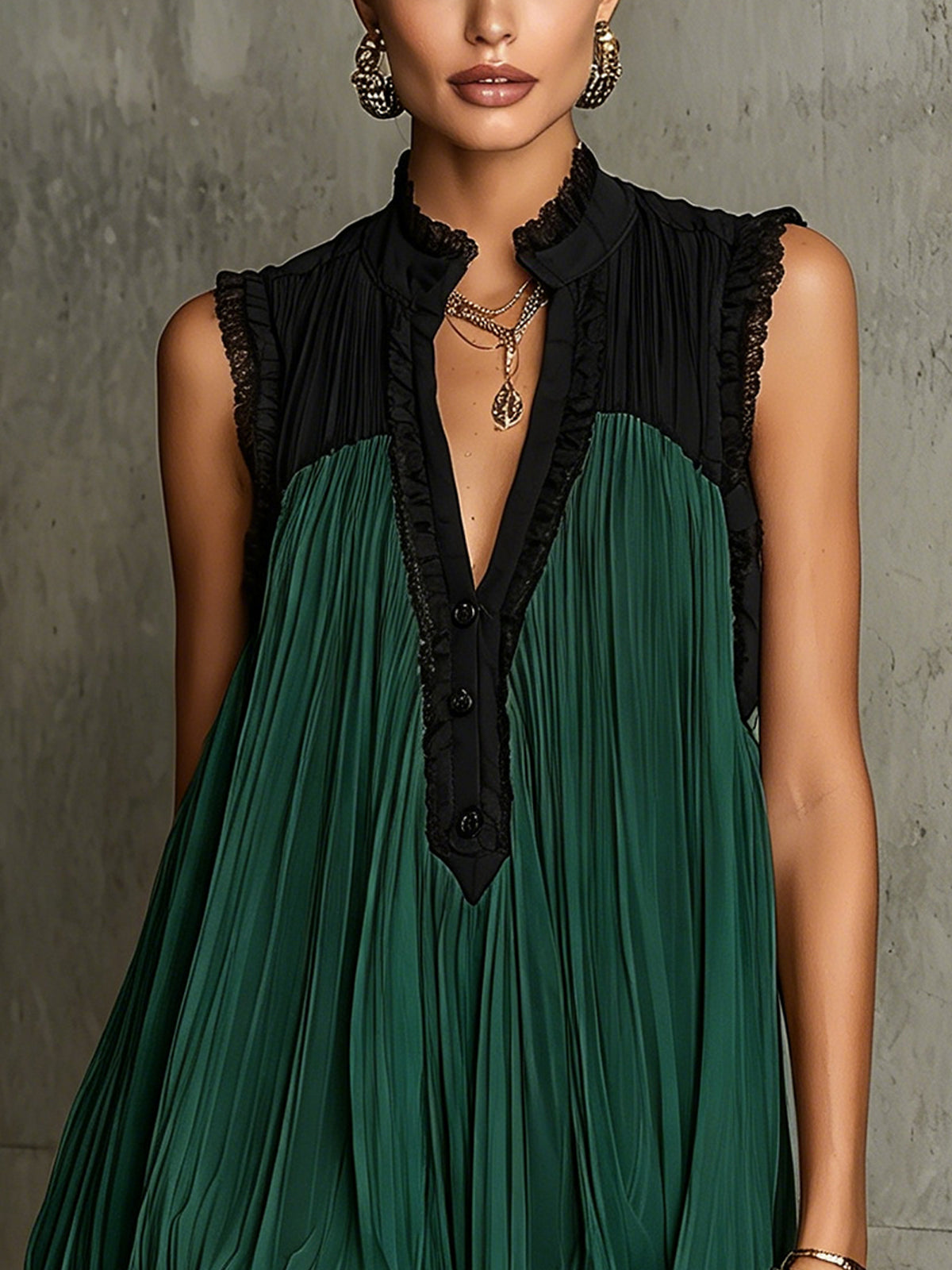 Green Pleated Chiffon Lace-trimmed Color-blocked Mini Dress