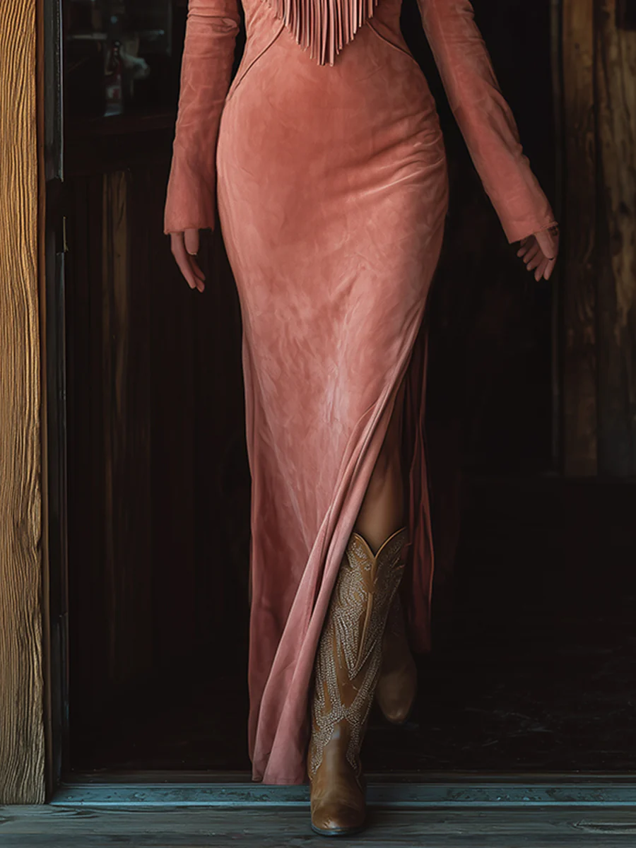 Vintage Western Tassel Embroidered Pink Faux Suede Maxi Dress