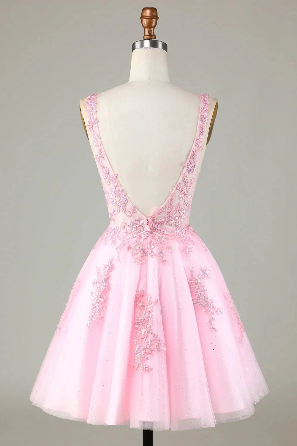 Cute Pink Glitter Sequin Short Backless Homecoming Dress with Appliques (ZD11444)