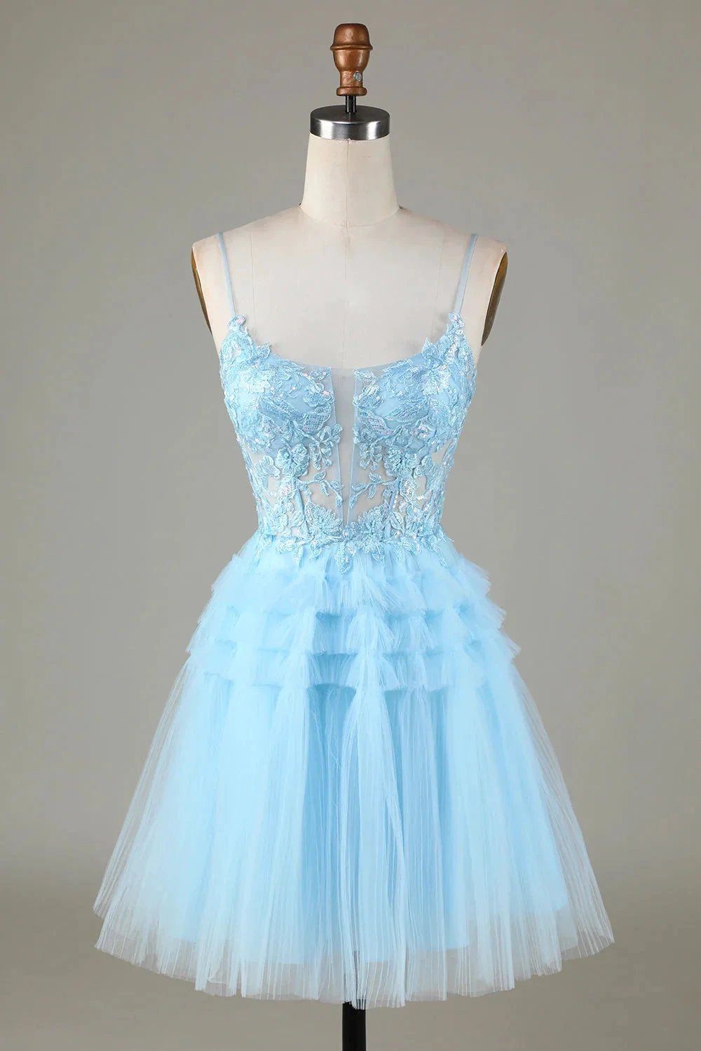 Cute A Line Spaghetti Straps Glitter Blue Short Homecoming Dress with Appliques by WEDTREND