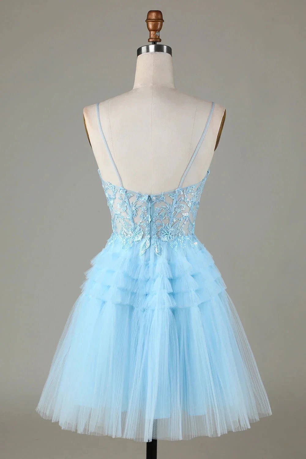 Cute A Line Spaghetti Straps Glitter Blue Short Homecoming Dress with Appliques (ZD11489)