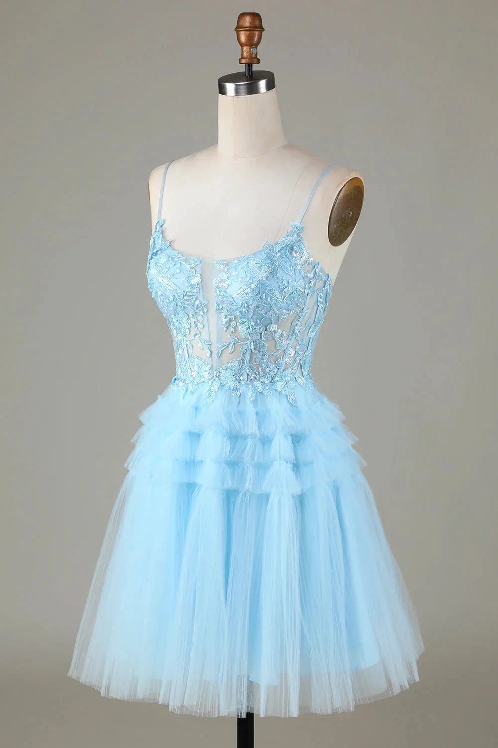 Cute A Line Spaghetti Straps Glitter Blue Short Homecoming Dress with Appliques (ZD11489)