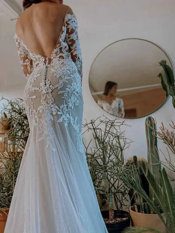 White Wedding Dress Illusion Neckline Long Sleeves Backless Natural Waist Lace With Train Long Bridal Mermaid Dress (ZD13585)