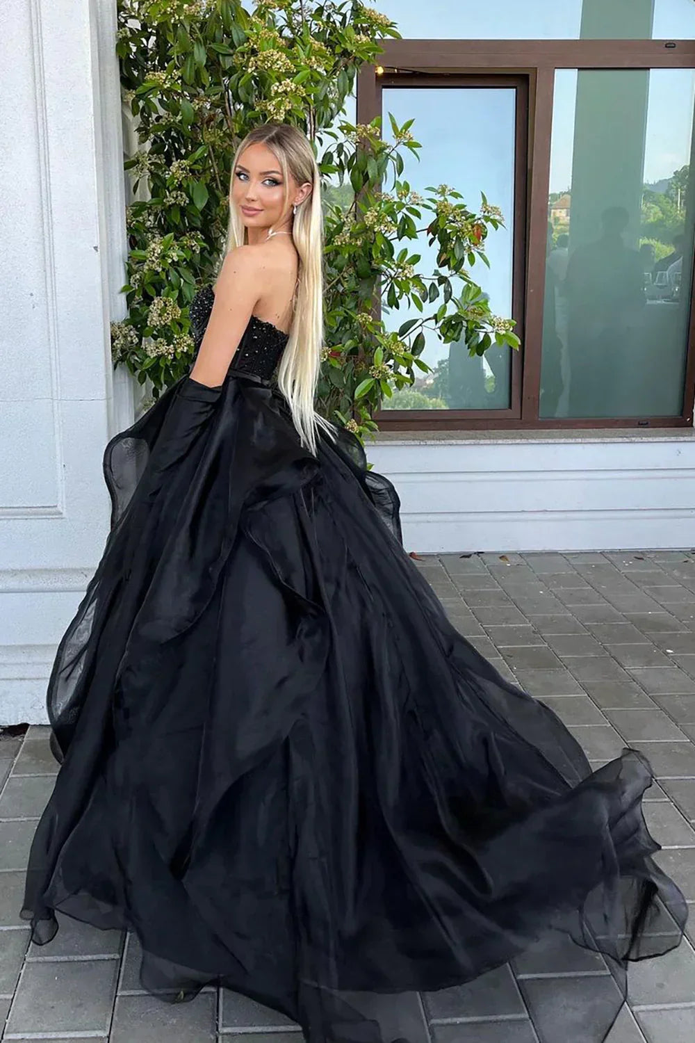 Princess A Line Sweetheart Black Corset Prom Dress with Beding