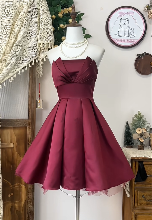 Vintage Burgundy Strapless A Line Short Homecoming Dress Cocktail Dress