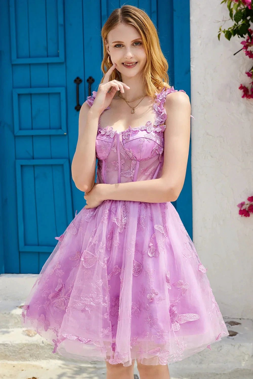 Cute A Line Corset Short Purple Homecoming Dress with Appliques (ZD11492)