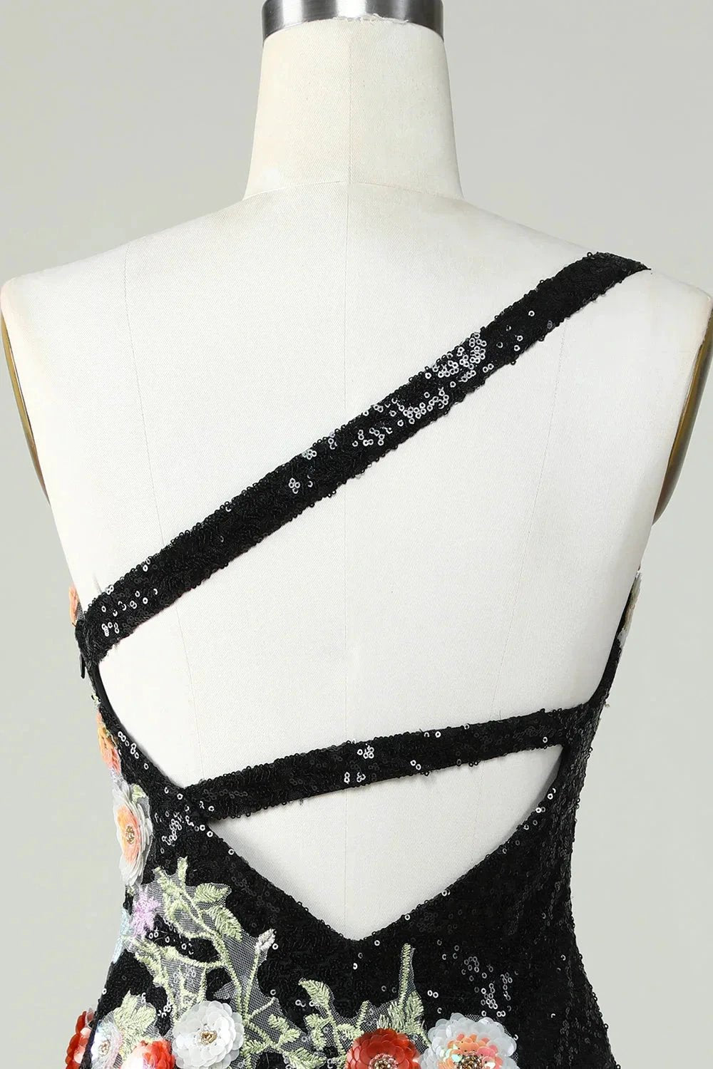 Bodycon One Shoulder Black Sequin Beading Homecoming Dress with 3d Flowers (ZD11539)