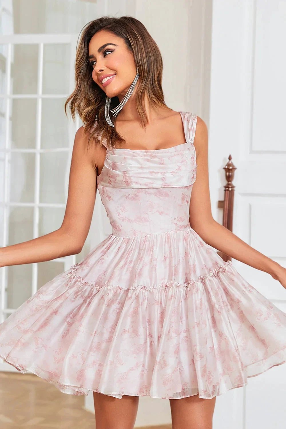 Cute Blush A Line Off The Shoulder Corset Pleated Unique Print Homecoming Dress with Ruffles (ZD11475)