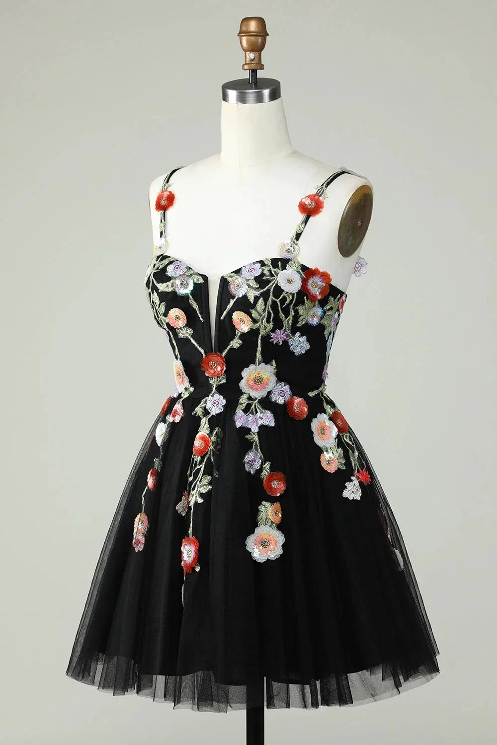 Black A Line Spaghetti Straps Sequin Homecoming Dress with Flowers (ZD11569)
