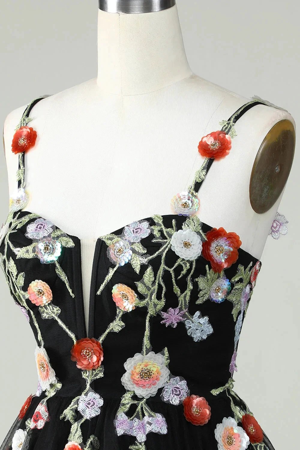 Black A Line Spaghetti Straps Sequin Homecoming Dress with Flowers (ZD11569)