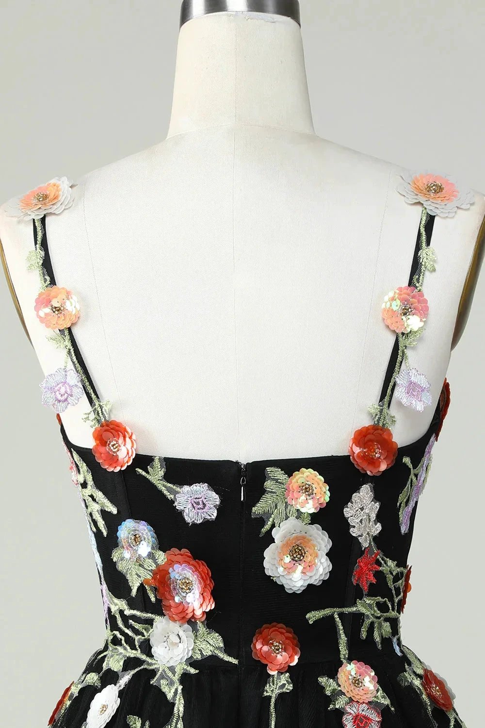 Black A Line Spaghetti Straps Sequin Homecoming Dress with Flowers (ZD11569)