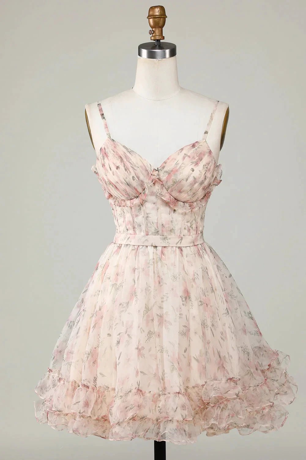 Champagne A-Line Corset Floral Short Homecoming Dress with Lace Up Back by WEDTREND