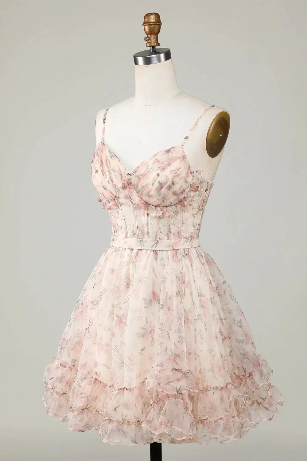 Champagne A-Line Corset Floral Short Homecoming Dress with Lace Up Back (ZD11534)