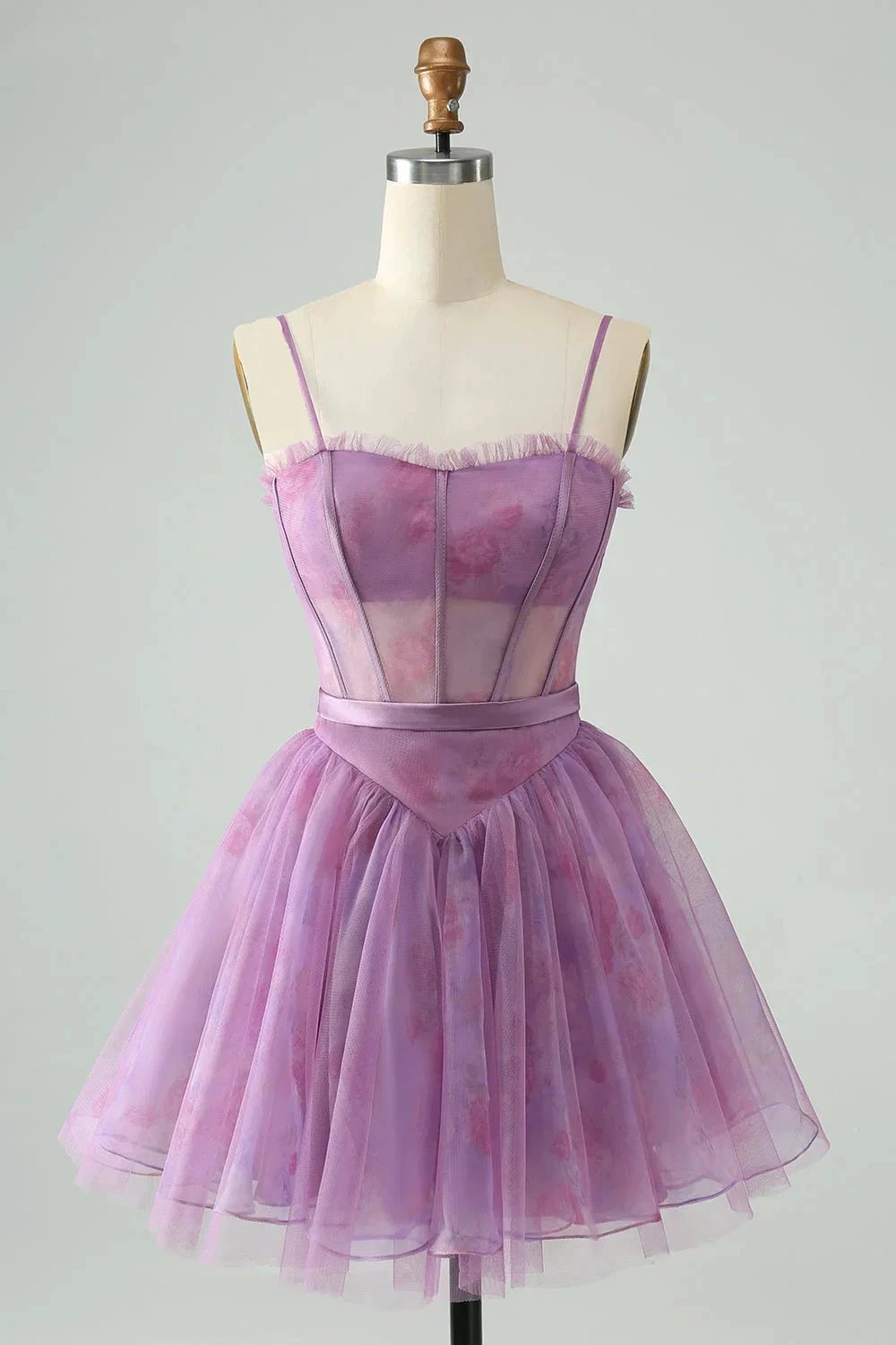 Cute Purple A Line Spaghetti Straps Print Corset Short Homecoming Dress by WEDTREND