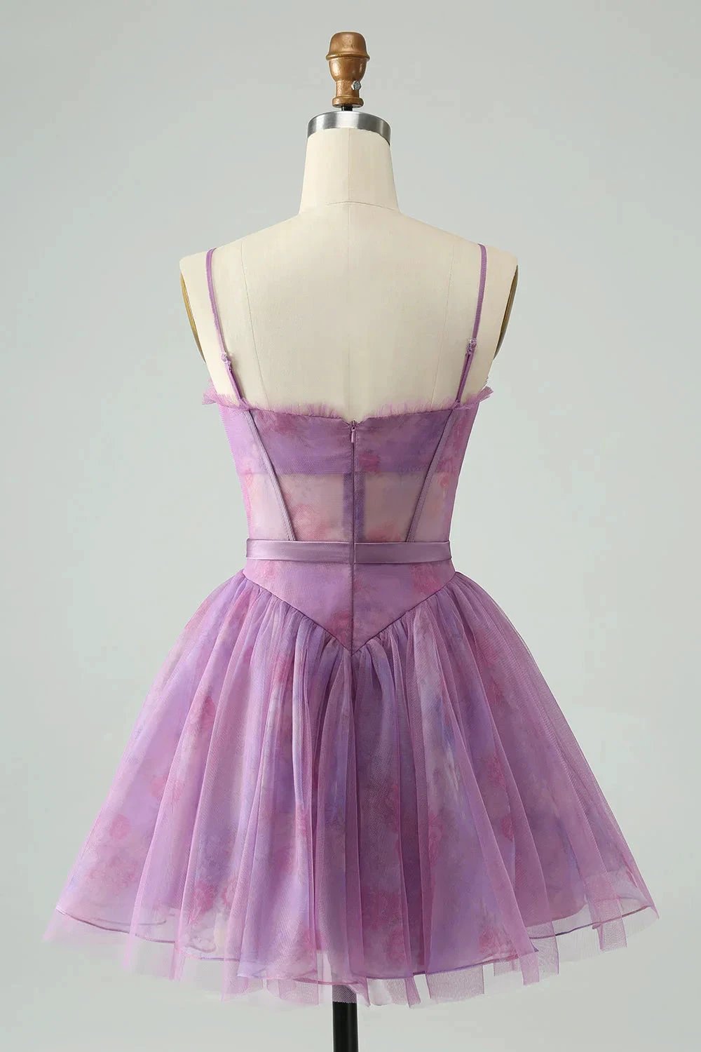 Cute Purple A Line Spaghetti Straps Print Corset Short Homecoming Dress (ZD11439)