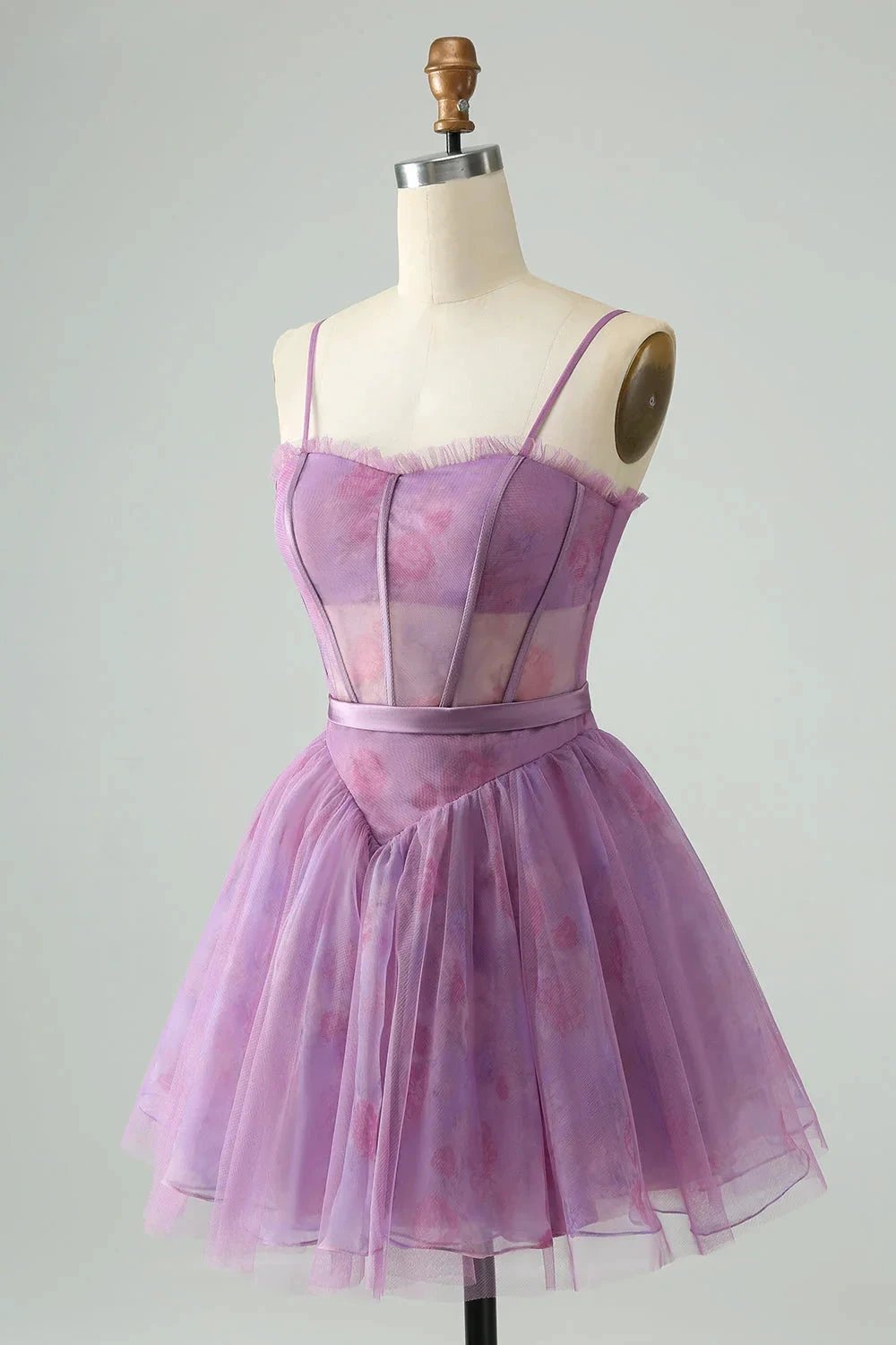 Cute Purple A Line Spaghetti Straps Print Corset Short Homecoming Dress (ZD11439)