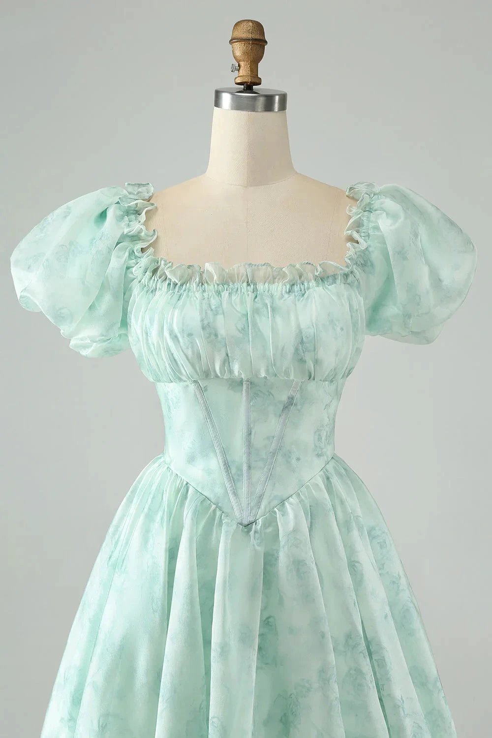 Cute Light Green A Line Square Neck Floral Short Homecoming Dress with Ruffles (ZD11452)