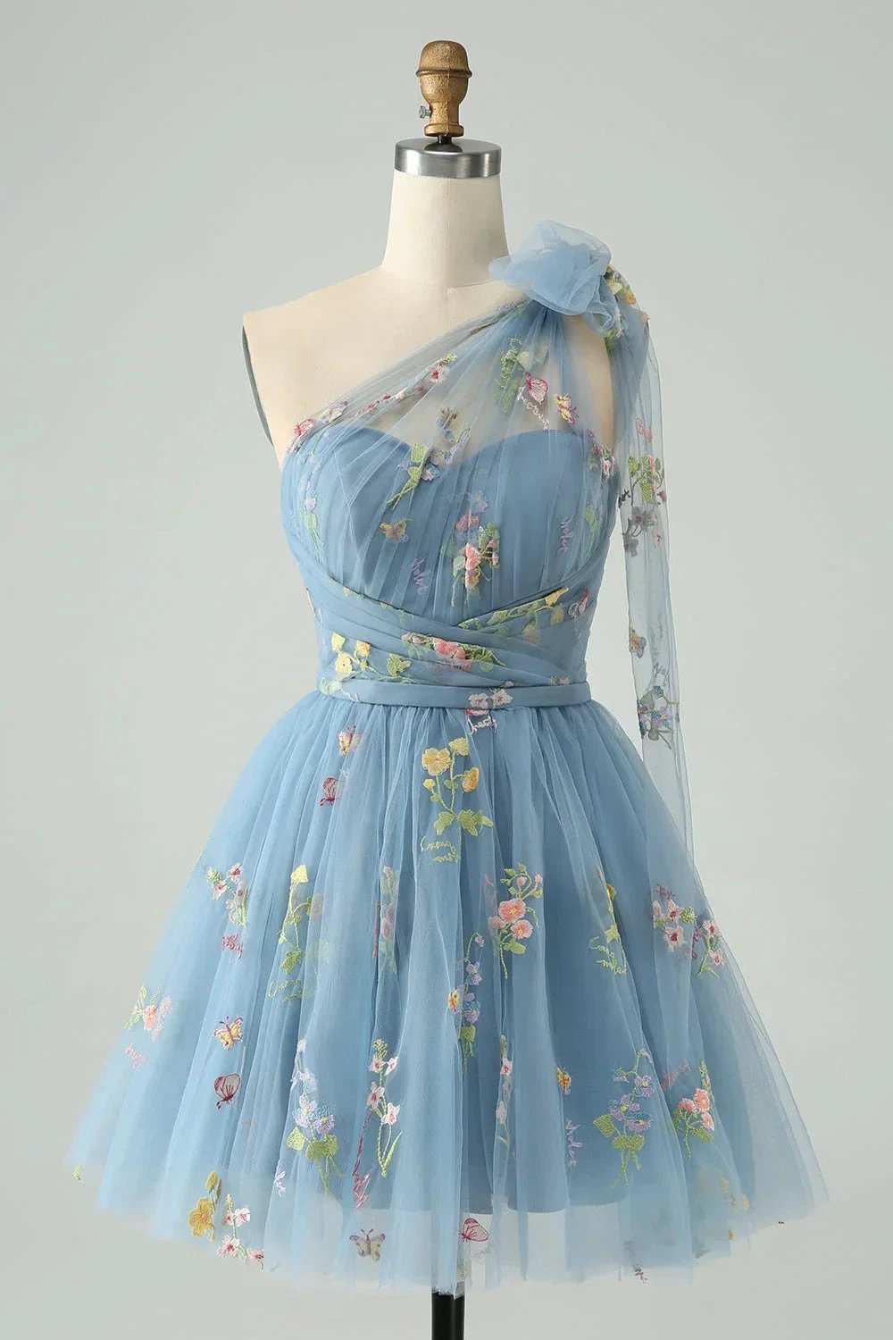A Line One Shoulder Grey Blue Tulle Homecoming Dress with Floral Embroidery by WEDTREND