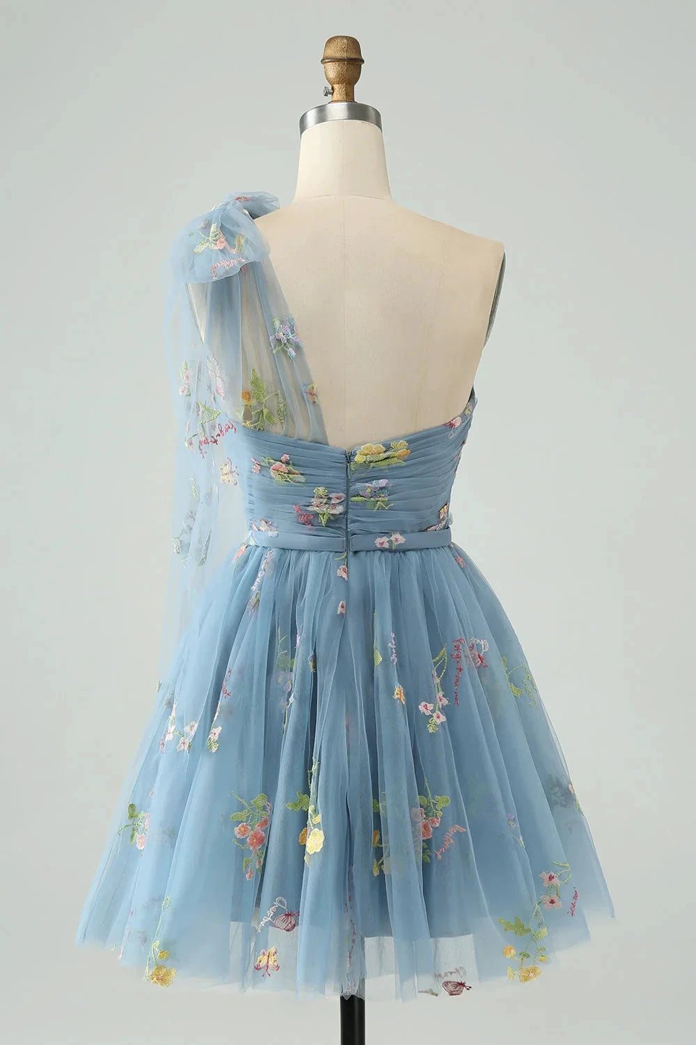 A Line One Shoulder Grey Blue Tulle Homecoming Dress with Floral Embroidery (ZD11606)