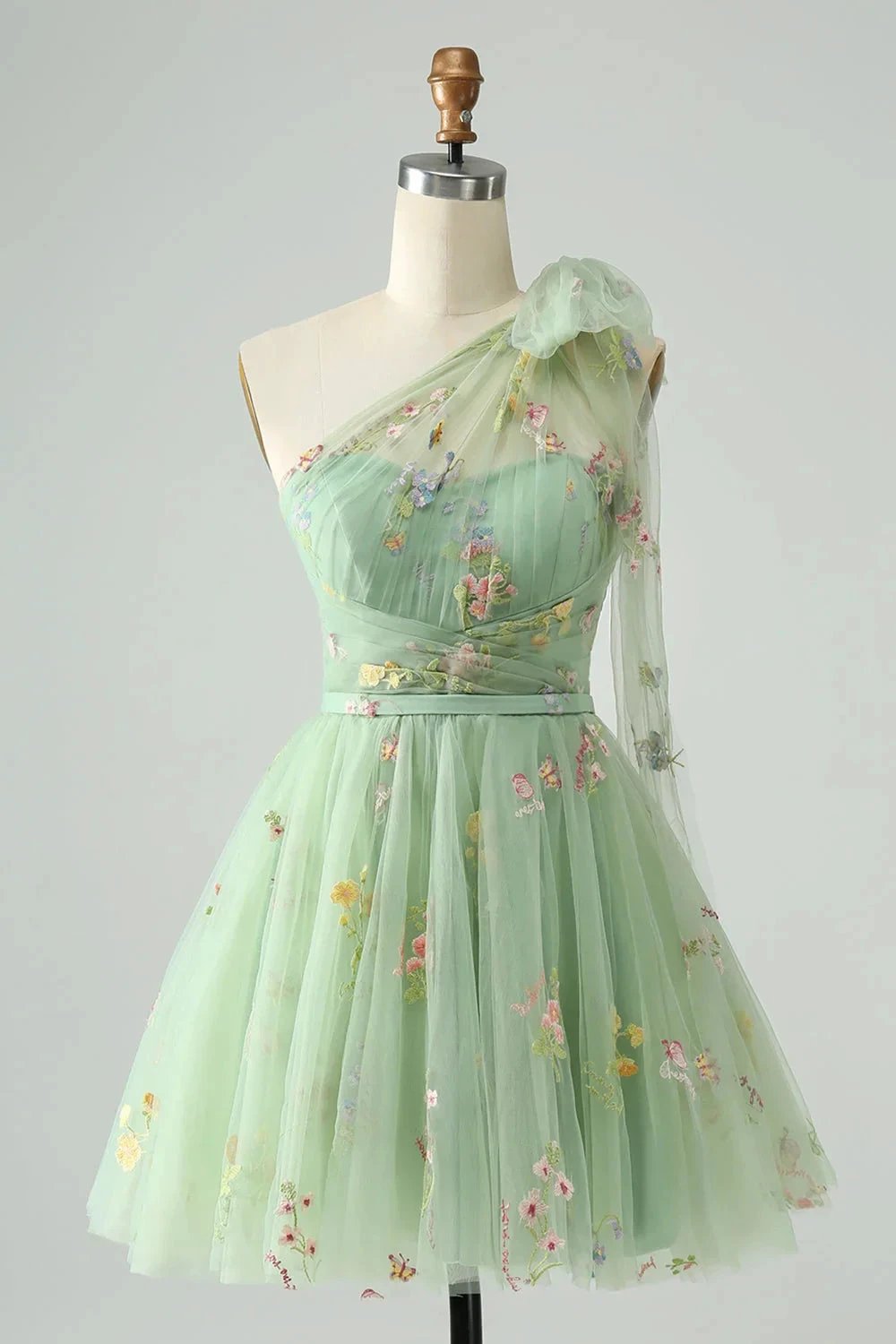 A Line One Shoulder Grey Blue Tulle Homecoming Dress with Floral Embroidery by WEDTREND