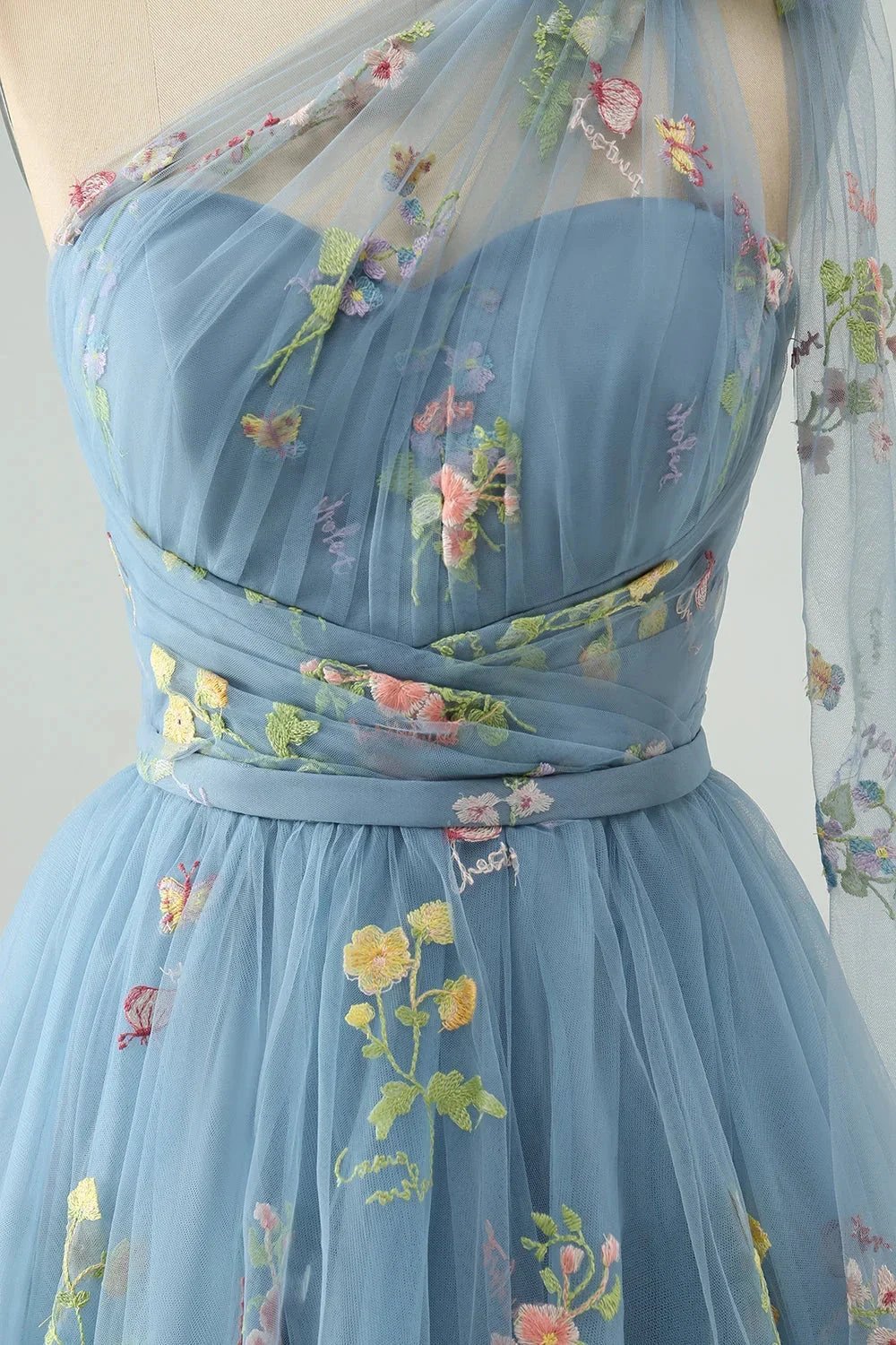 A Line One Shoulder Grey Blue Tulle Homecoming Dress with Floral Embroidery (ZD11606)