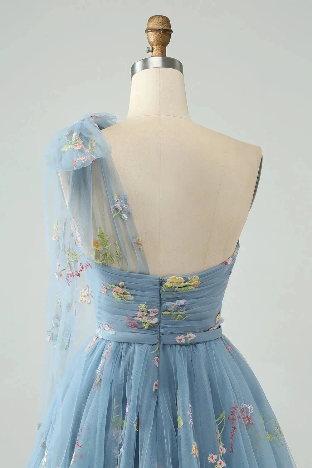 A Line One Shoulder Grey Blue Tulle Homecoming Dress with Floral Embroidery (ZD11606)