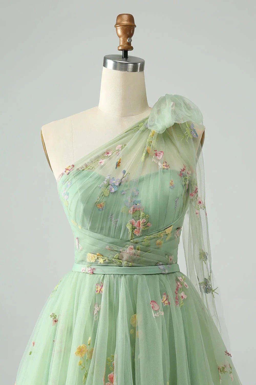 A Line One Shoulder Grey Blue Tulle Homecoming Dress with Floral Embroidery (ZD11606)