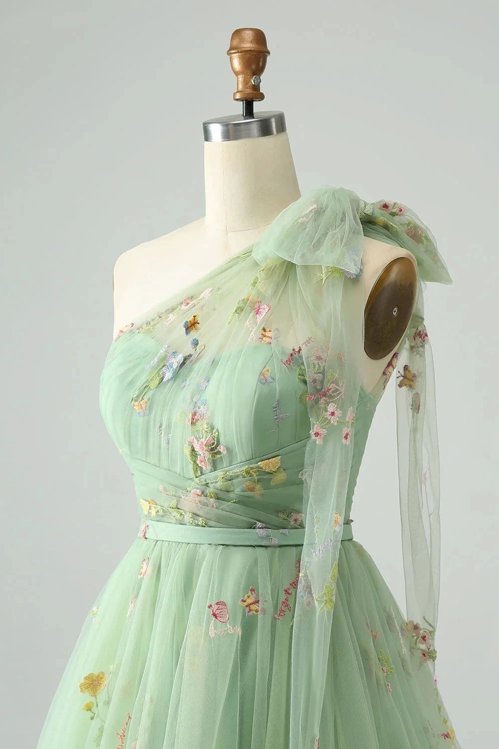 A Line One Shoulder Grey Blue Tulle Homecoming Dress with Floral Embroidery (ZD11606)
