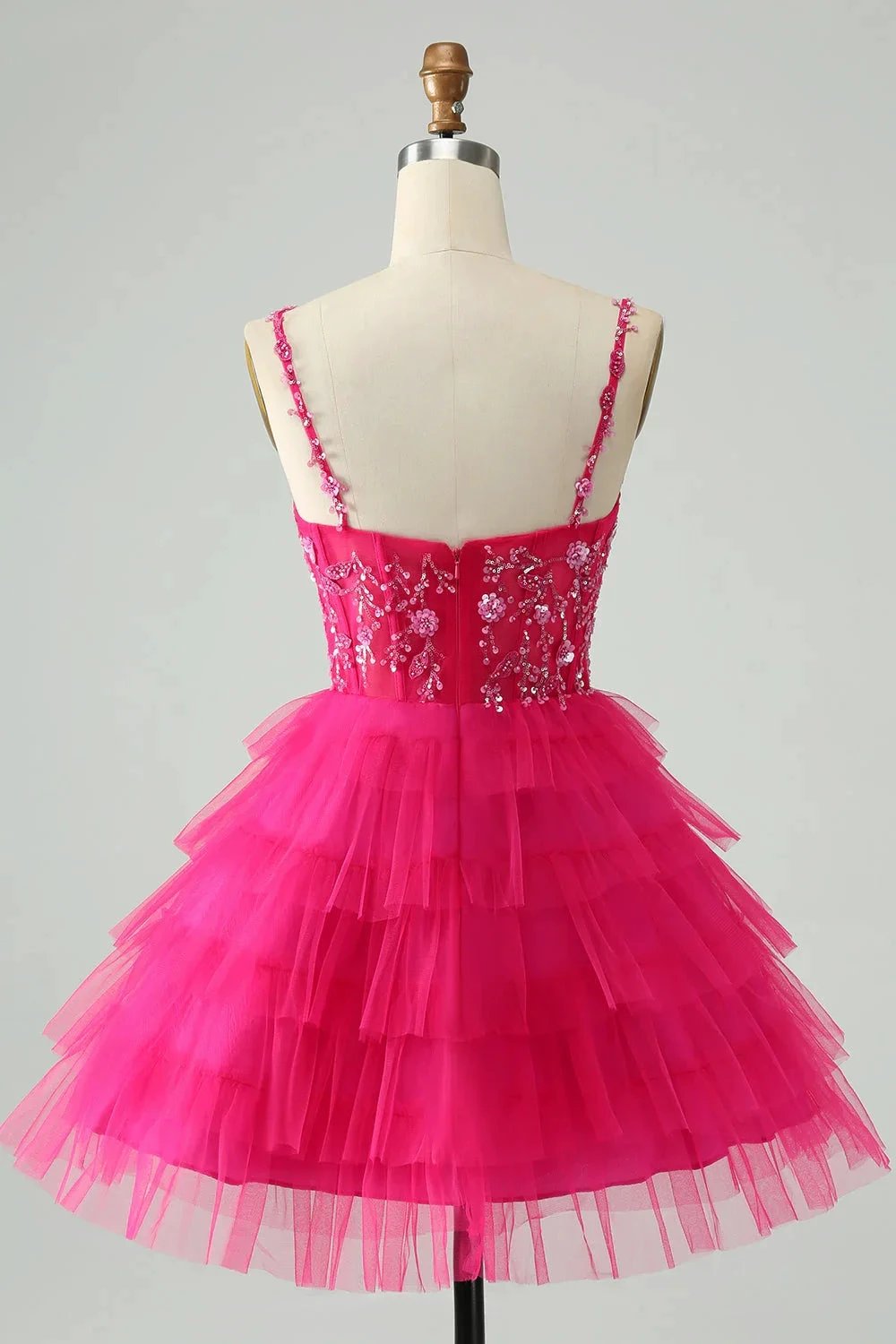 Cute Fuchsia A Line Spaghetti Straps Tiered Short Homecoming Dress with Sequins (ZD11468)