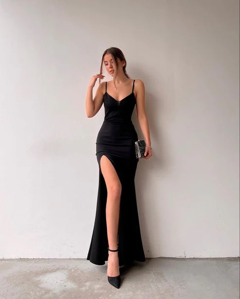 Spaghetti Straps Black Mermaid Prom Dress Chic Prom Dress With High Slit