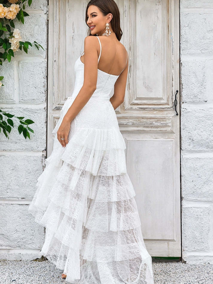 Ivory Lace Asymmetrical Detachable Train Boho Wedding Dress