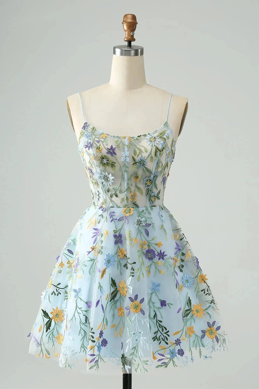 Blue Flower A Line Spaghetti Straps Corset Short Homecoming Dress with Embroidery by WEDTREND