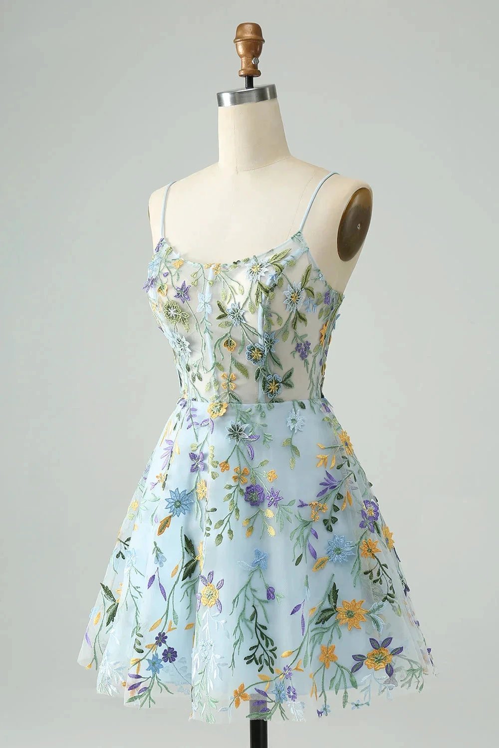 Blue Flower A Line Spaghetti Straps Corset Short Homecoming Dress with Embroidery (ZD11551)