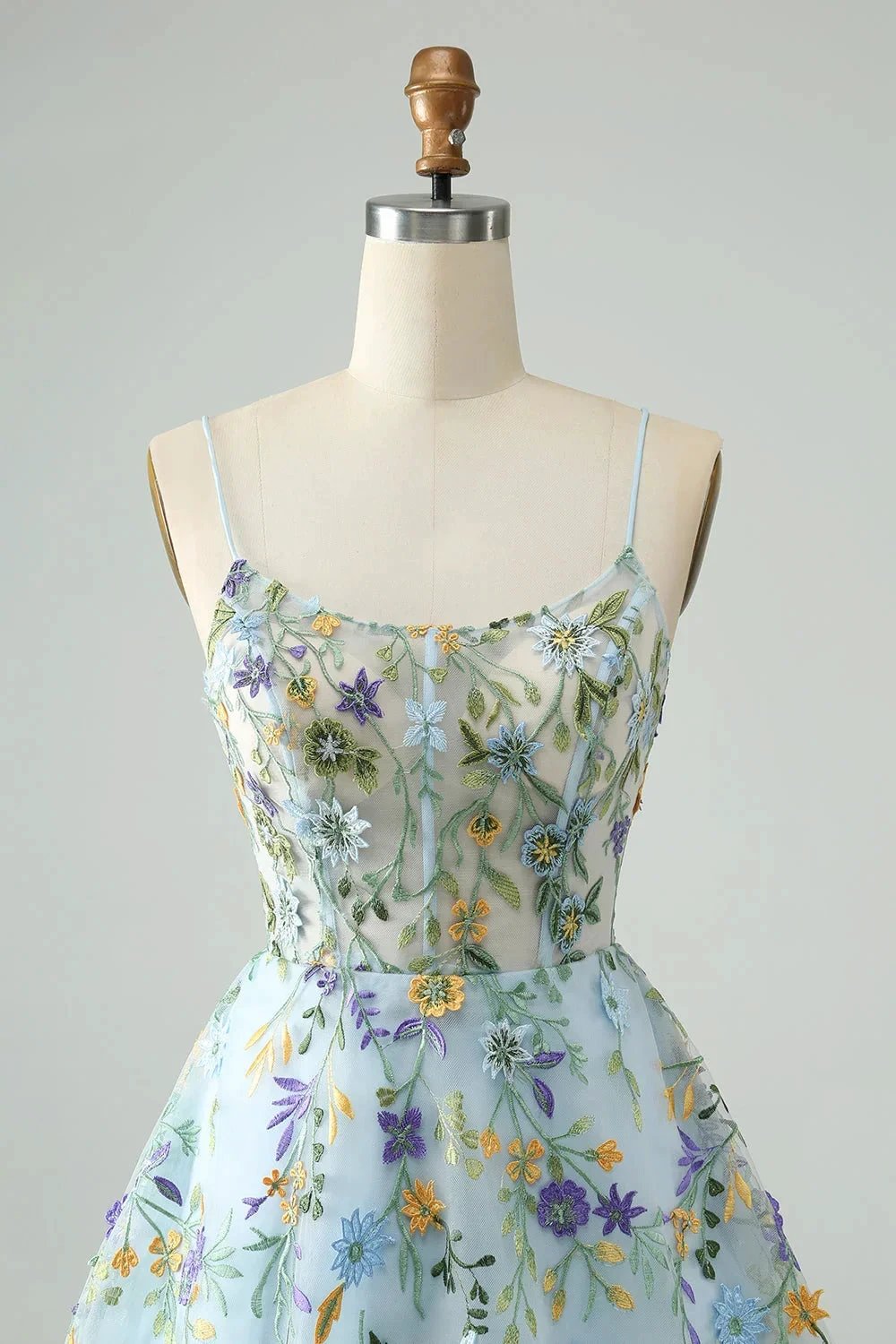 Blue Flower A Line Spaghetti Straps Corset Short Homecoming Dress with Embroidery (ZD11551)