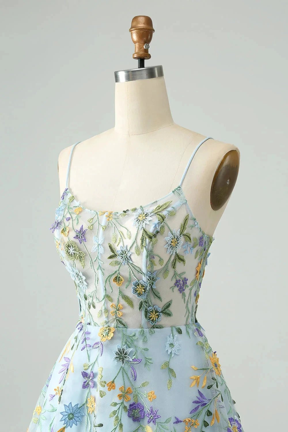 Blue Flower A Line Spaghetti Straps Corset Short Homecoming Dress with Embroidery (ZD11551)