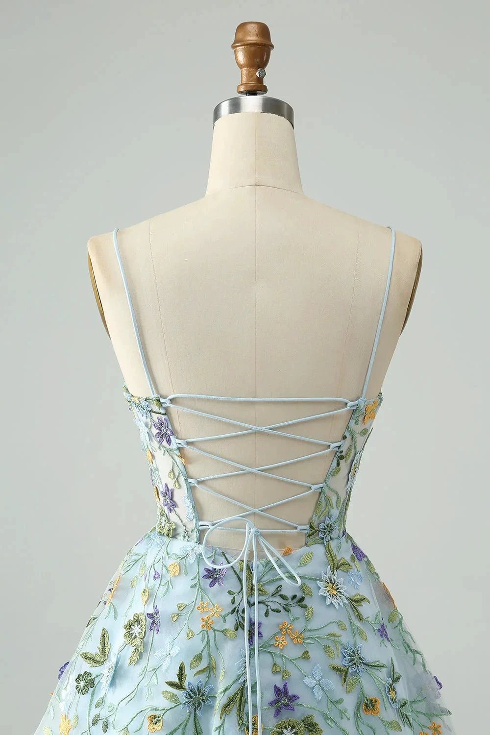 Blue Flower A Line Spaghetti Straps Corset Short Homecoming Dress with Embroidery (ZD11551)