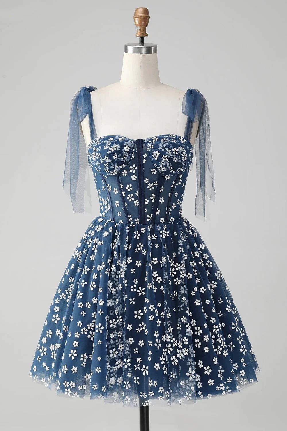Cute A Line Spaghetti Straps Print Corset Navy Short Homecoming Dress by WEDTREND