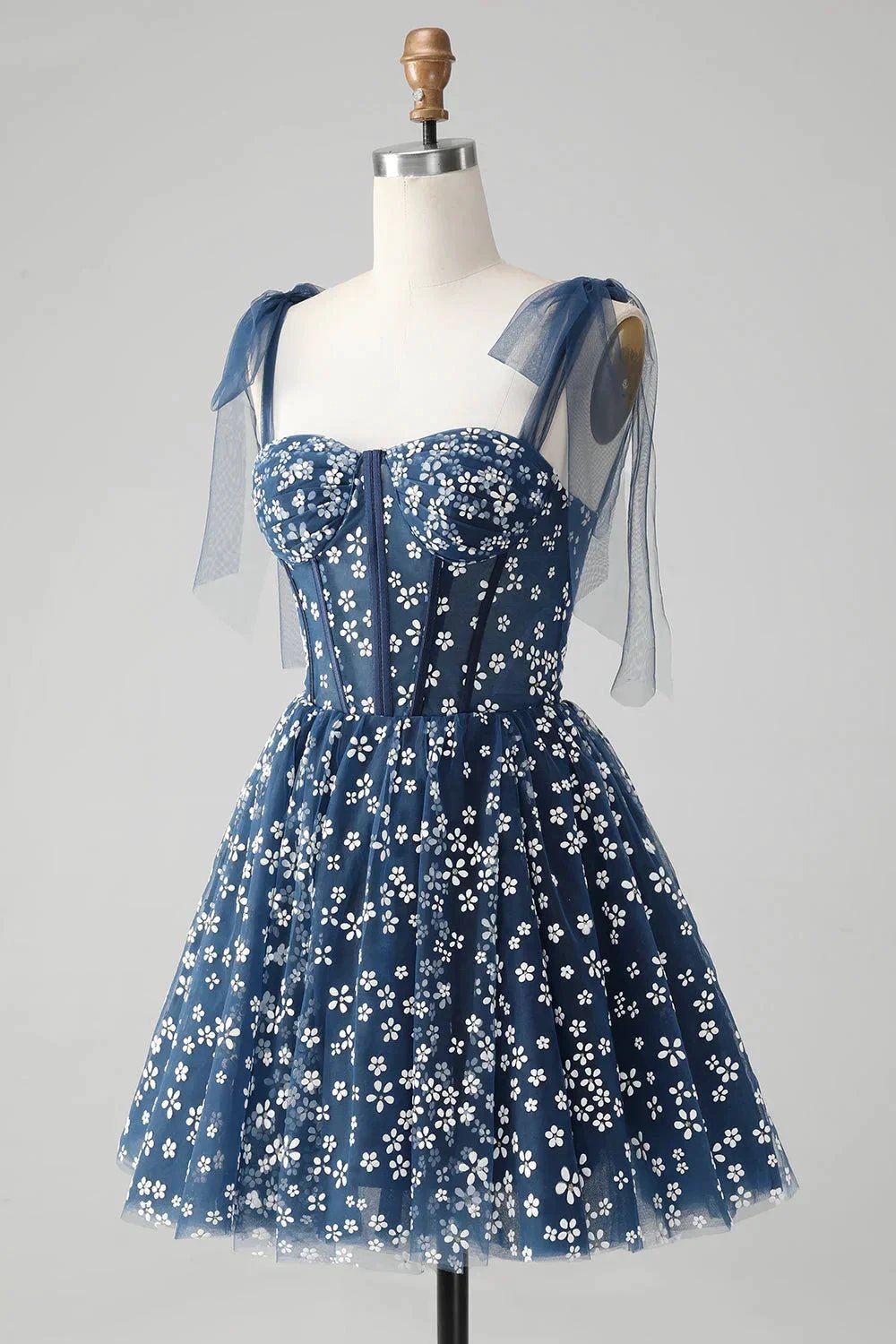 Cute A Line Spaghetti Straps Print Corset Navy Short Homecoming Dress (ZD11488)