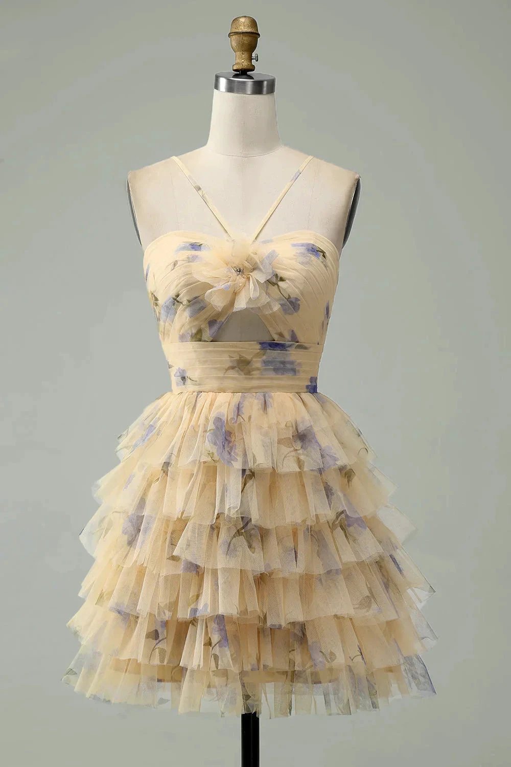 A Line Halter Tiered Print Short Yellow Flower Homecoming Dress (ZD11599)