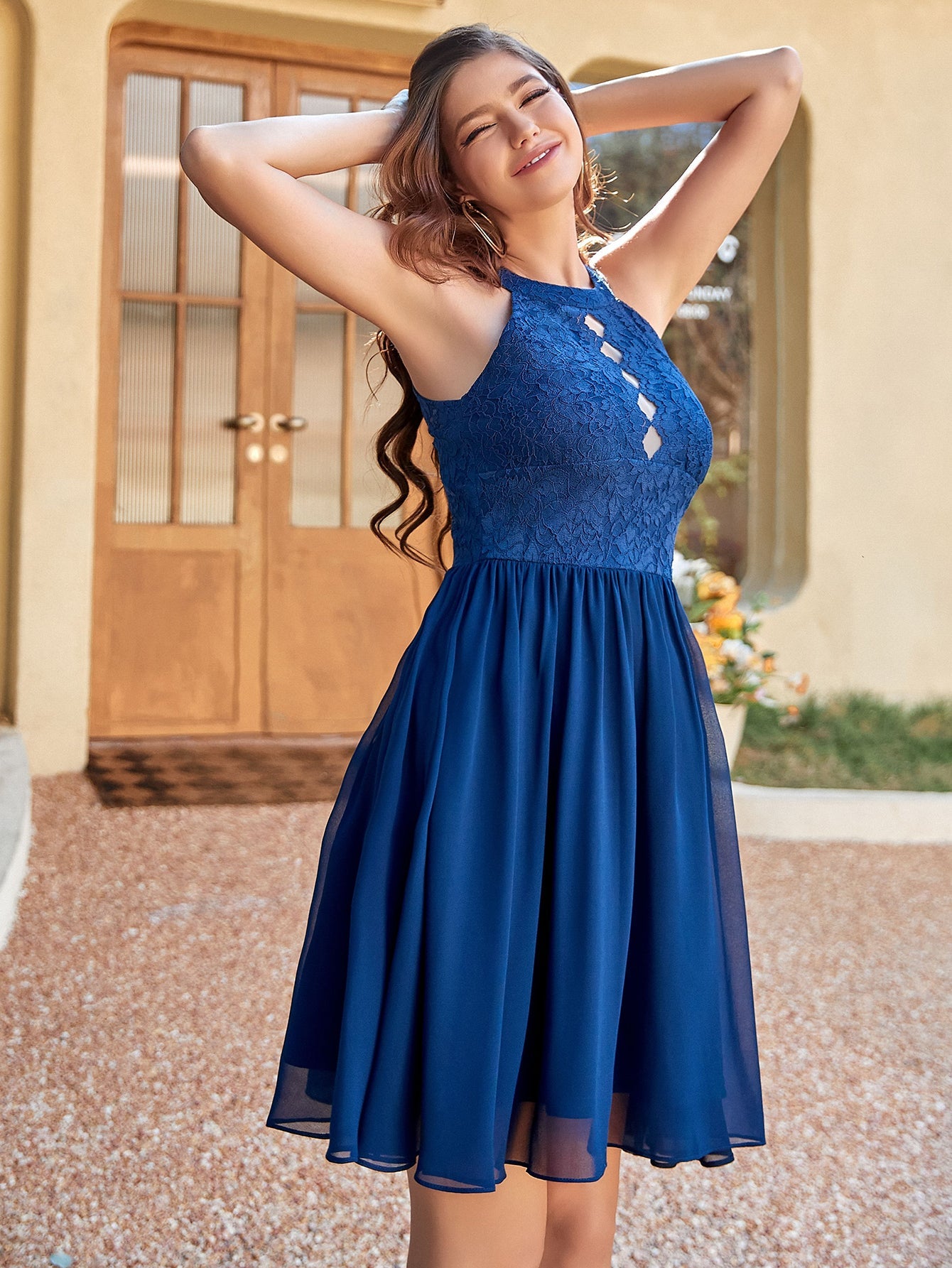 Halter Navy Lace A Line Short Graduation Party Dress - Fashionpara