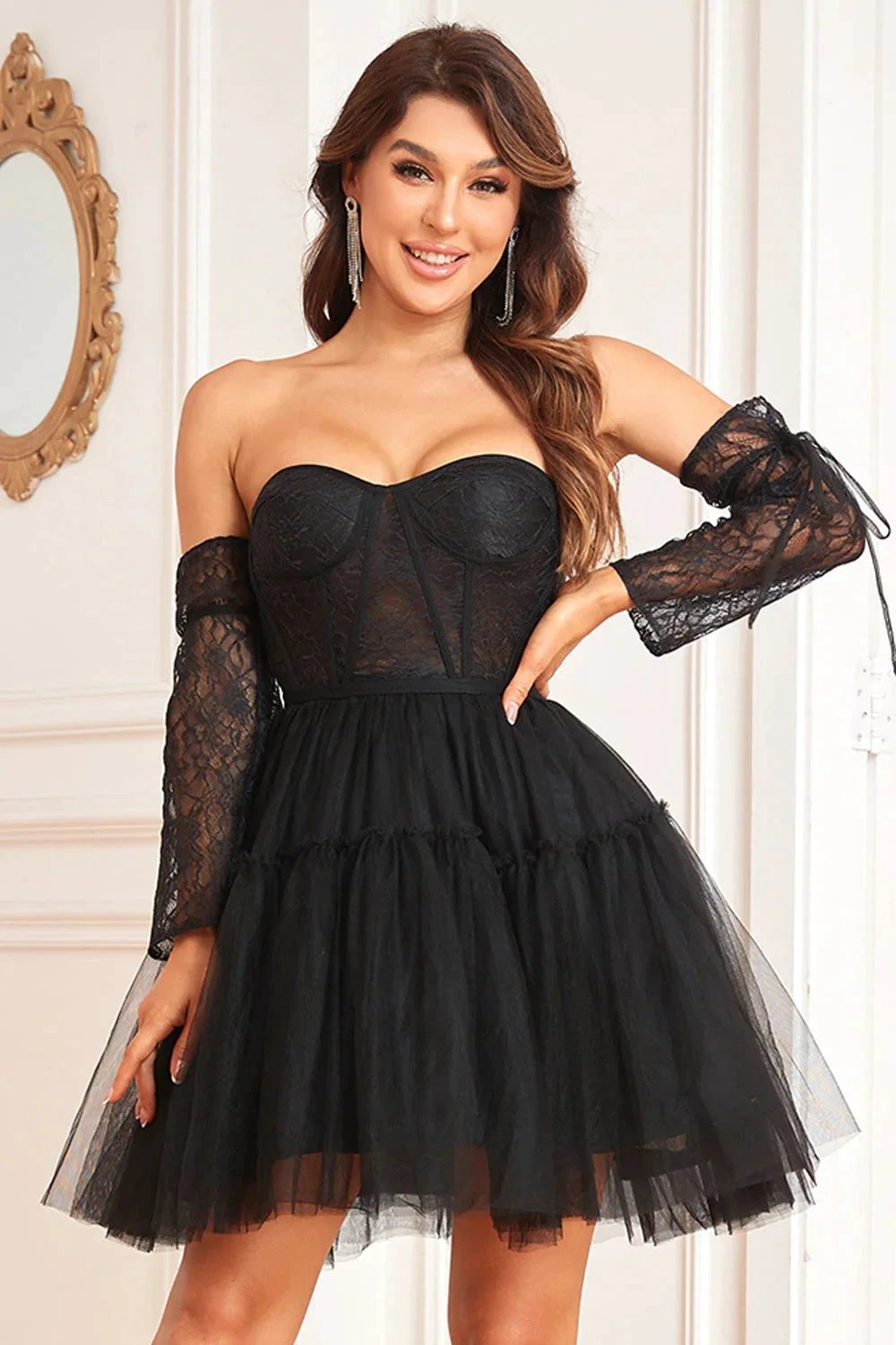 Black A-Line Corset Detachable Long Sleeves Homecoming Dress (ZD11568)
